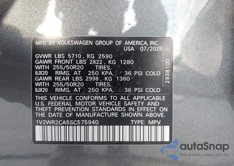 2025 Volkswagen Atlas 2.0T Se W/Technology z USA, uszkodzony, nr VIN 1V2WR2CA5SC575940